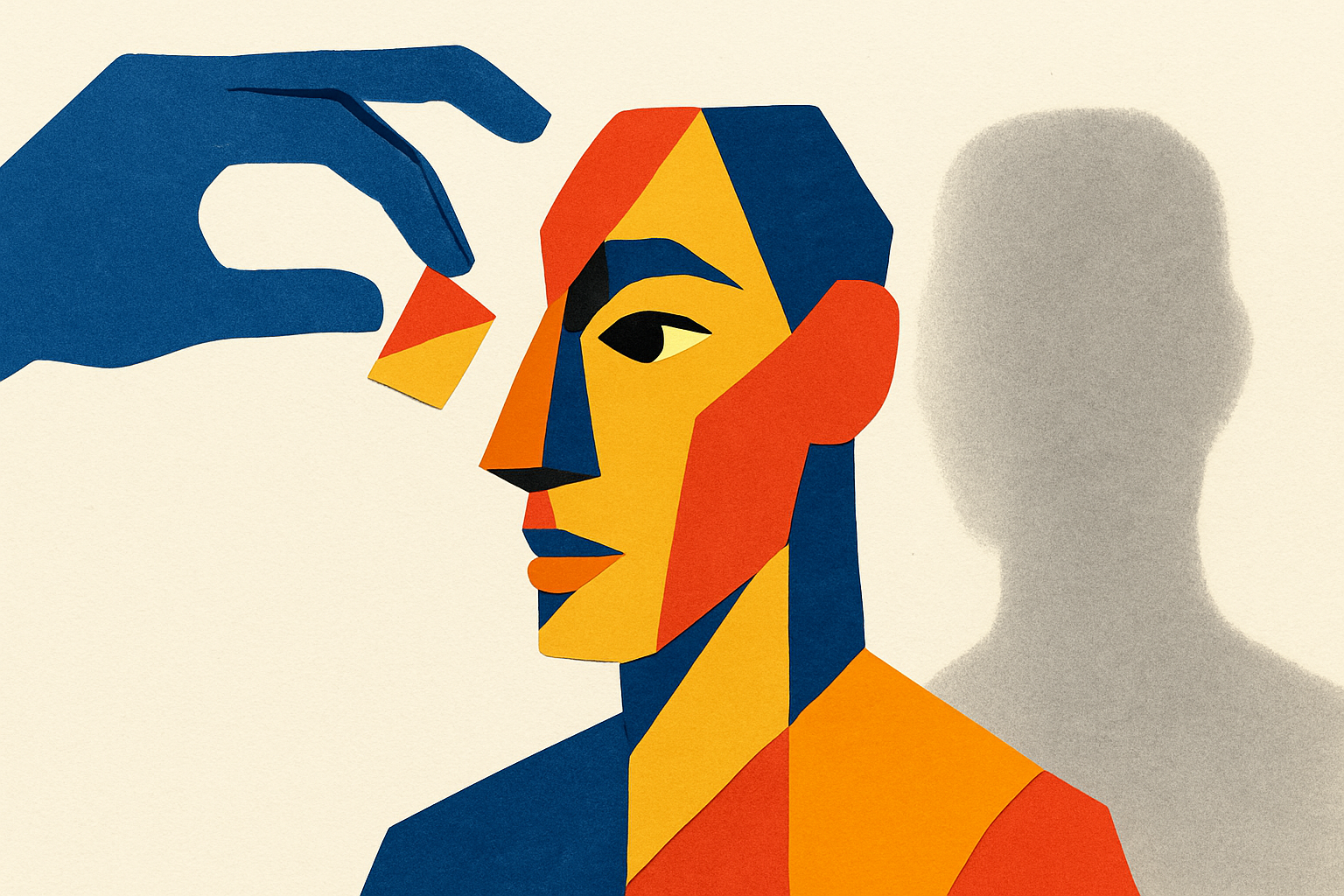 Editorial paper-collage illustration: a cobalt-blue cut-paper hand reaches in from upper left holding an ochre-vermilion fragment, placing it onto an emerging cubist self-portrait built from interlocking geometric pieces. To the right, a blurred soft gray amorphous shape represents generic AI output without a Brand Twin. Visual metaphor for specific brand voice assembly versus formless average.