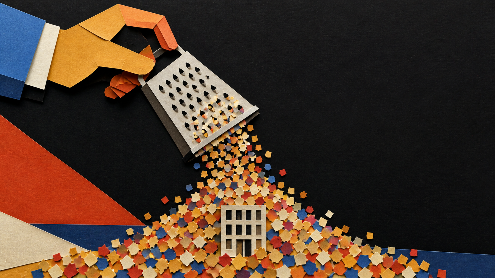 Editorial collage: an oversized parmesan grater raining cubist confetti over a small office building — the visual metaphor for sprinkling AI-powered on a weak B2B narrative