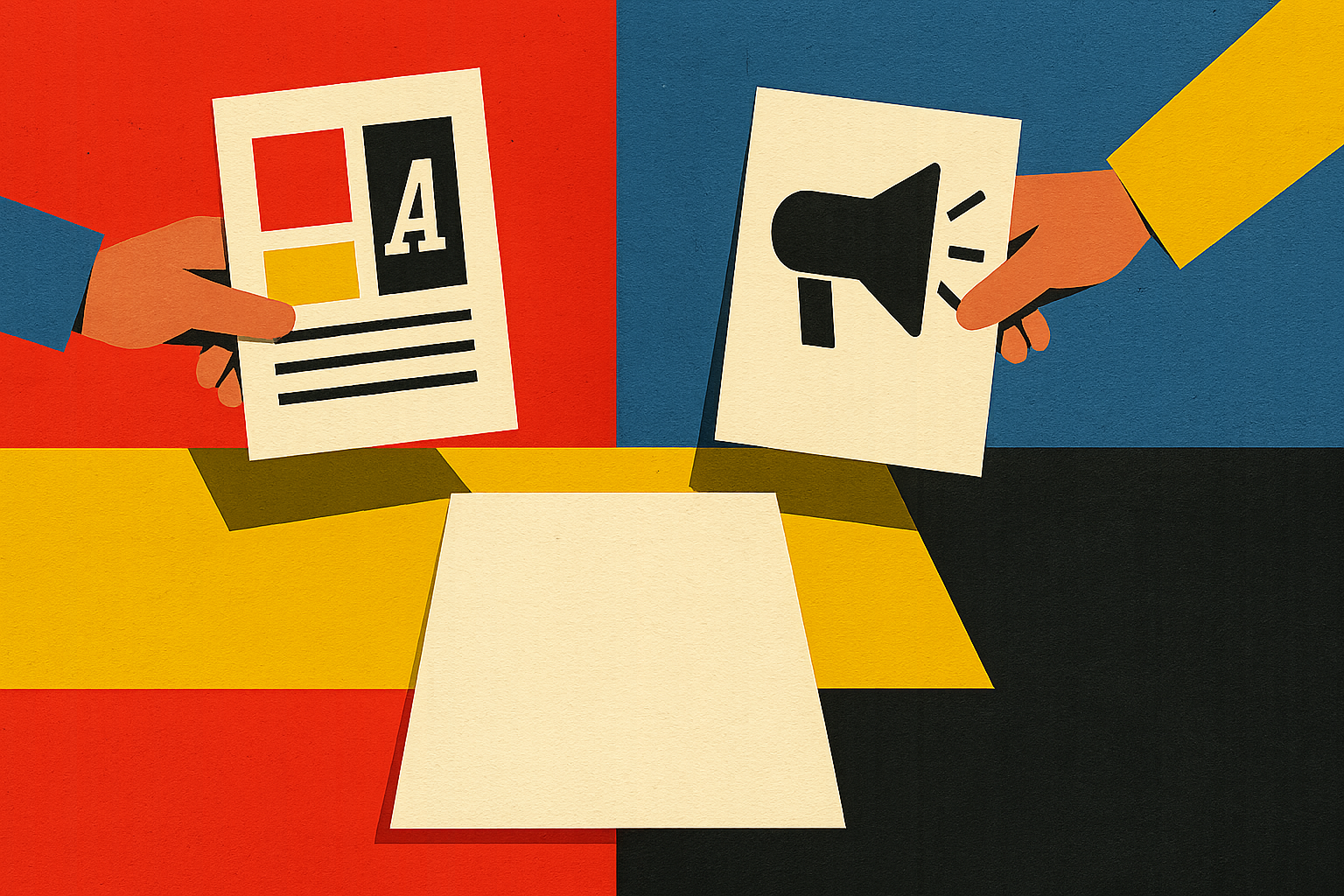 A cut-paper illustration of two hands entering from opposite sides, each holding out a folded document of exactly the same size.