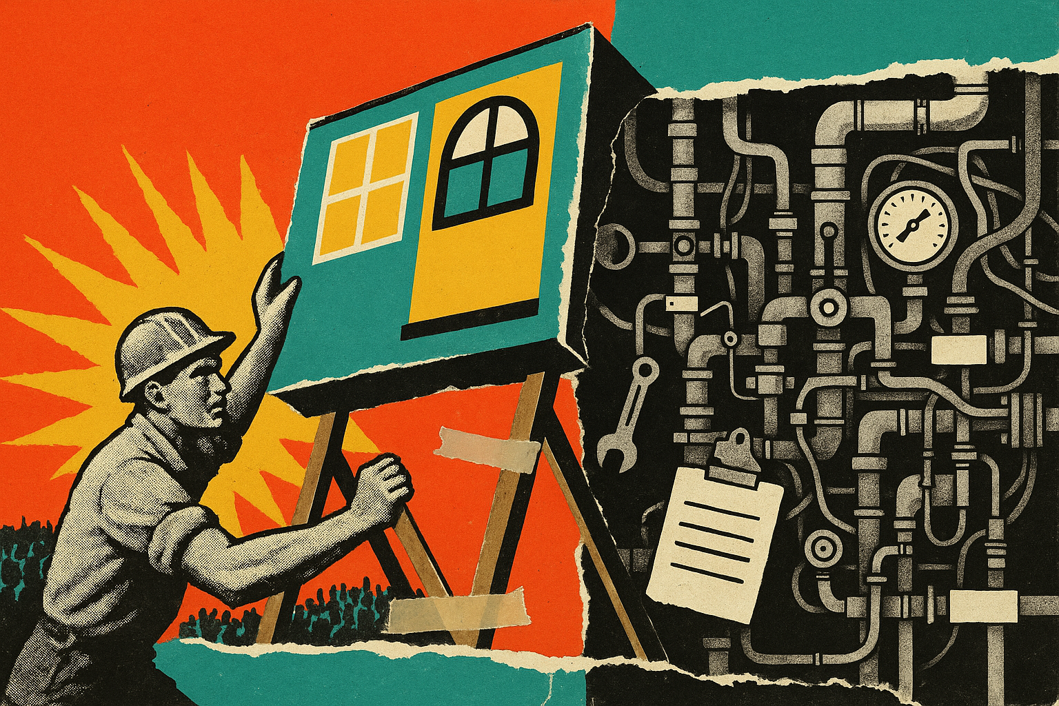 Pop art propaganda collage of a worker in a hard hat lifting the glossy facade of a building to reveal pipes, gears and wiring behind it