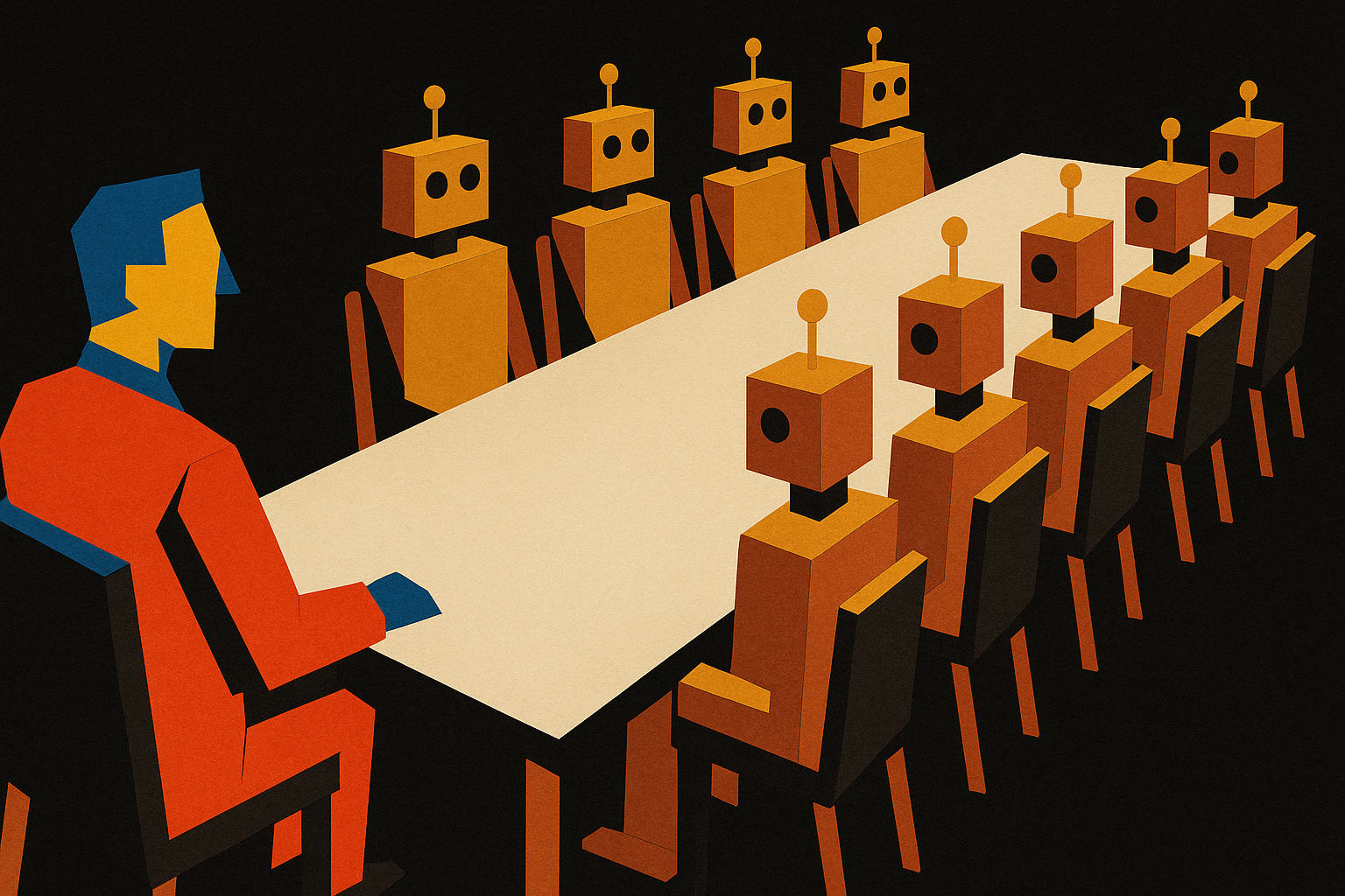 Editorial paper-collage illustration: a long cut-paper conference table viewed from above. One vibrant cubist-style human figure sits at the head of the table. Around the rest of the table sit ten identical blocky cut-paper robot figures in chairs, all rotated to face the single human. Visual metaphor for one point of view amplified by AI tools, replacing the traditional org chart agency.