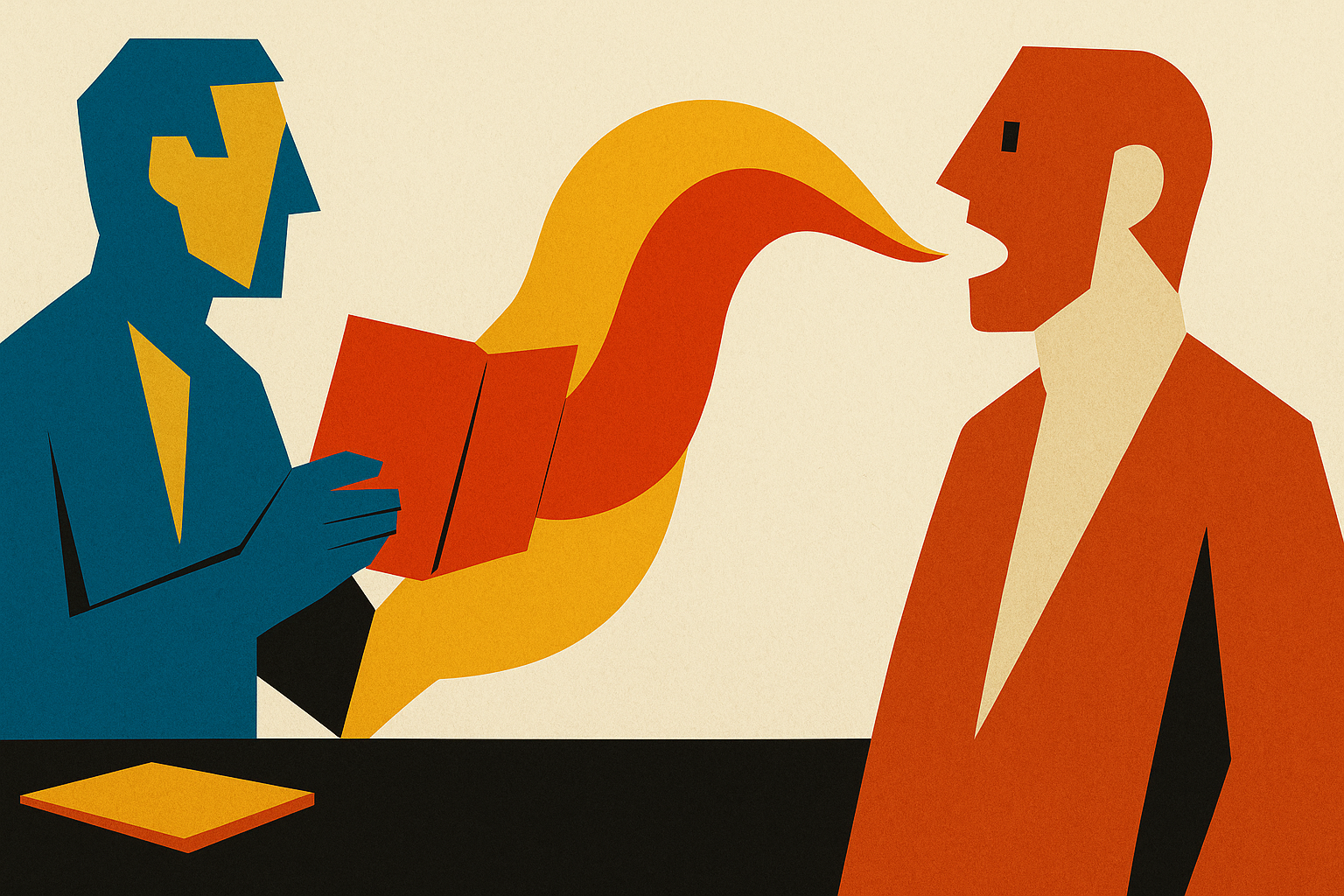 Editorial paper-collage illustration. Two cubist paper-collage figures face each other across a flowing path of bold flat color shapes. On the left, a presenter figure faceted in cobalt blue and chrome yellow holds an open paper deck in vermilion red. From the deck, a curving path of vermilion, ochre, and chrome yell