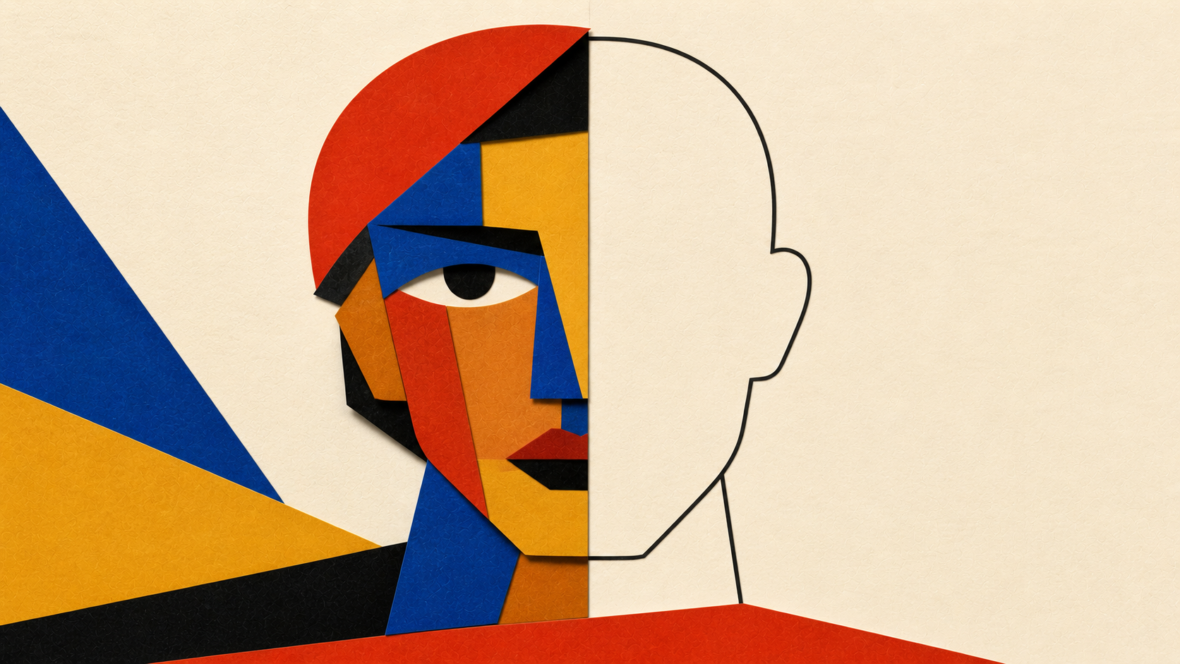 Editorial collage: a bisected face — the left half fully rendered in cubist color blocks, the right half an empty traced outline on bone-white paper