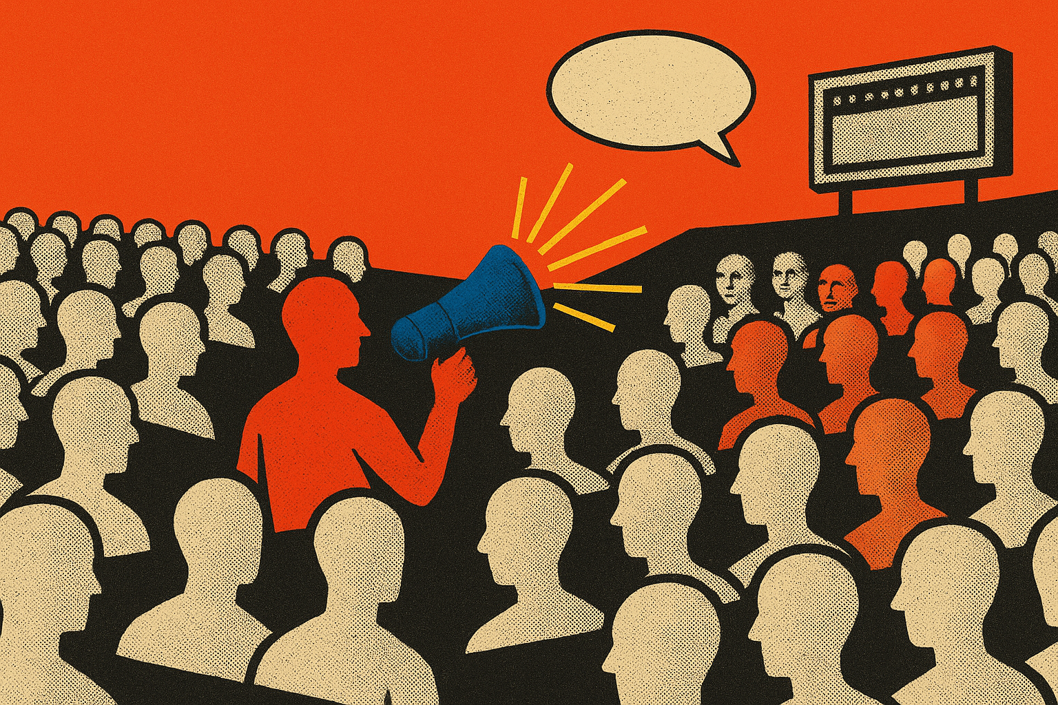 Halftone screenprint of a crowd of identical cream figures facing one way while a single orange figure turns with a blue megaphone and a few others begin to turn with it