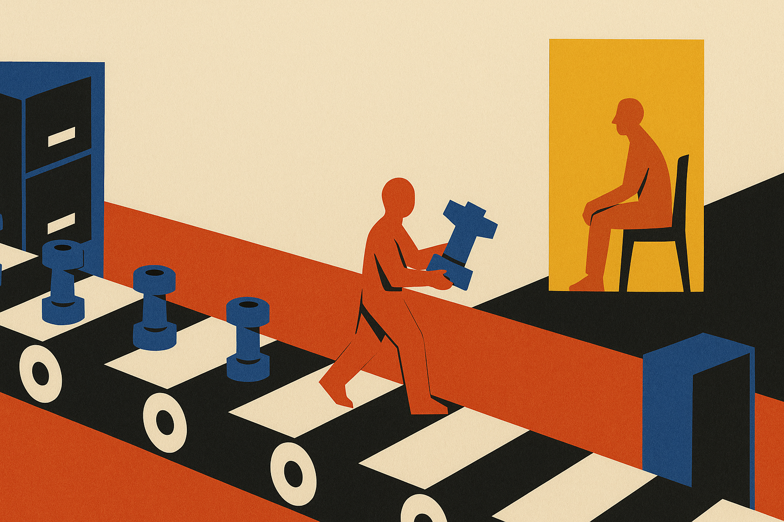 Paper collage of a long conveyor of identical machine parts running left while one figure walks the opposite way carrying a single part toward a lit doorway