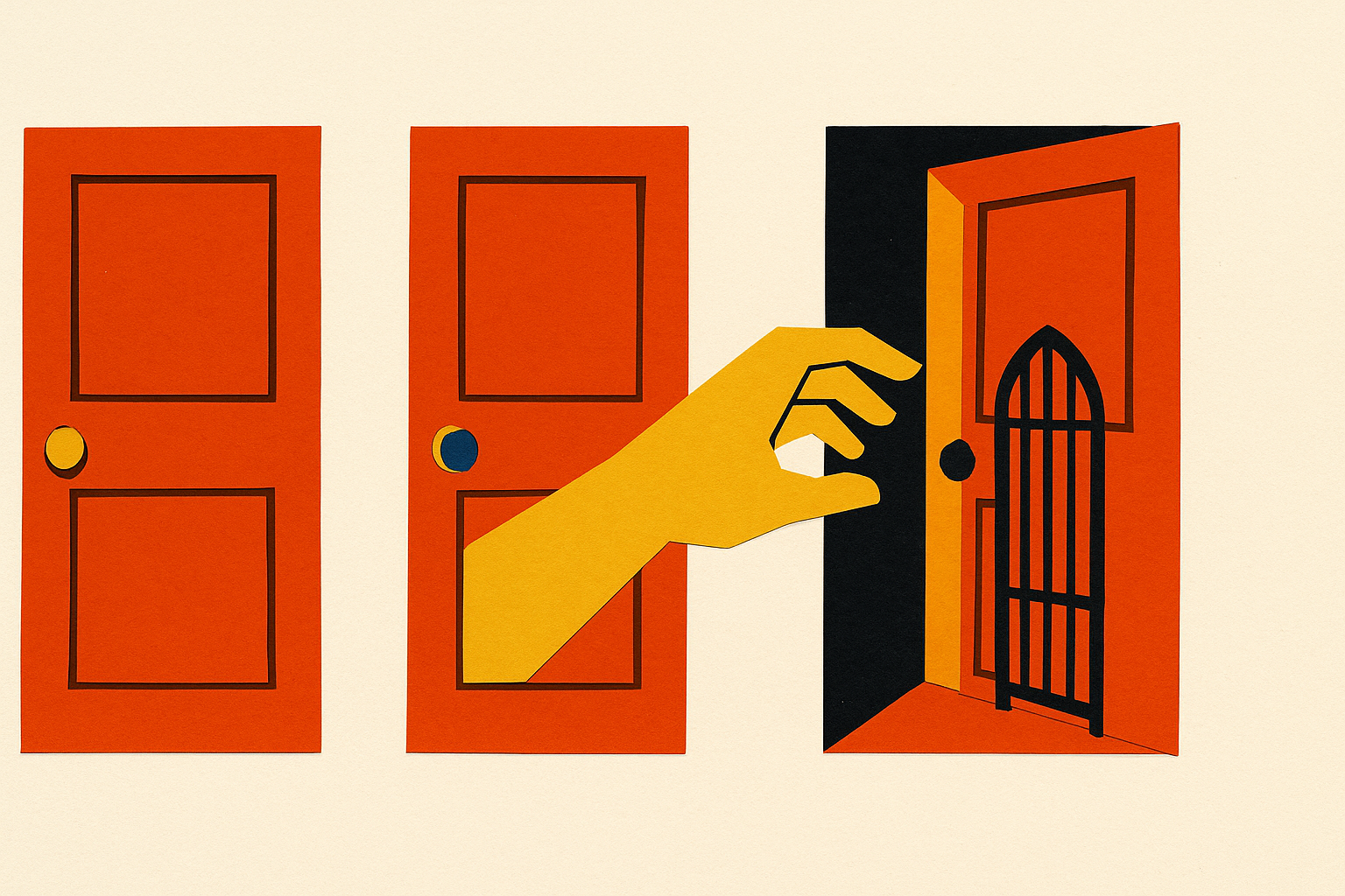 Three identical paper-collage storefront doors in a row, with a hand reaching past the first two to the third, which opens onto a second narrower gate behind it