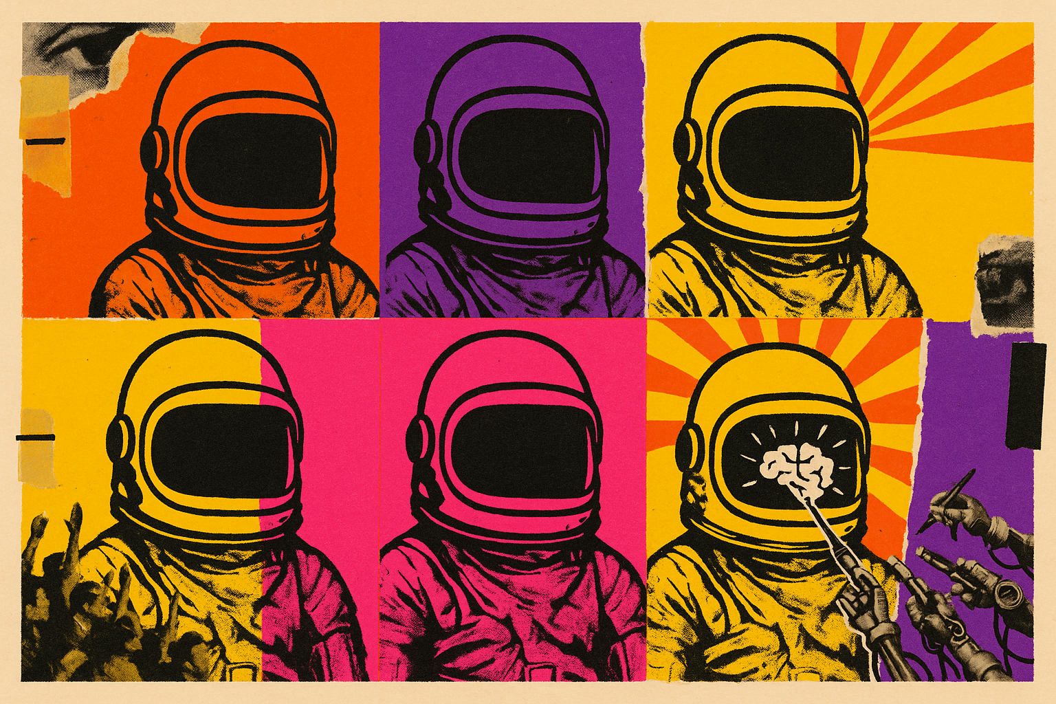 Pop art silkscreen grid of identical empty space helmets on hollow armor, with one helmet glowing with a brain inside