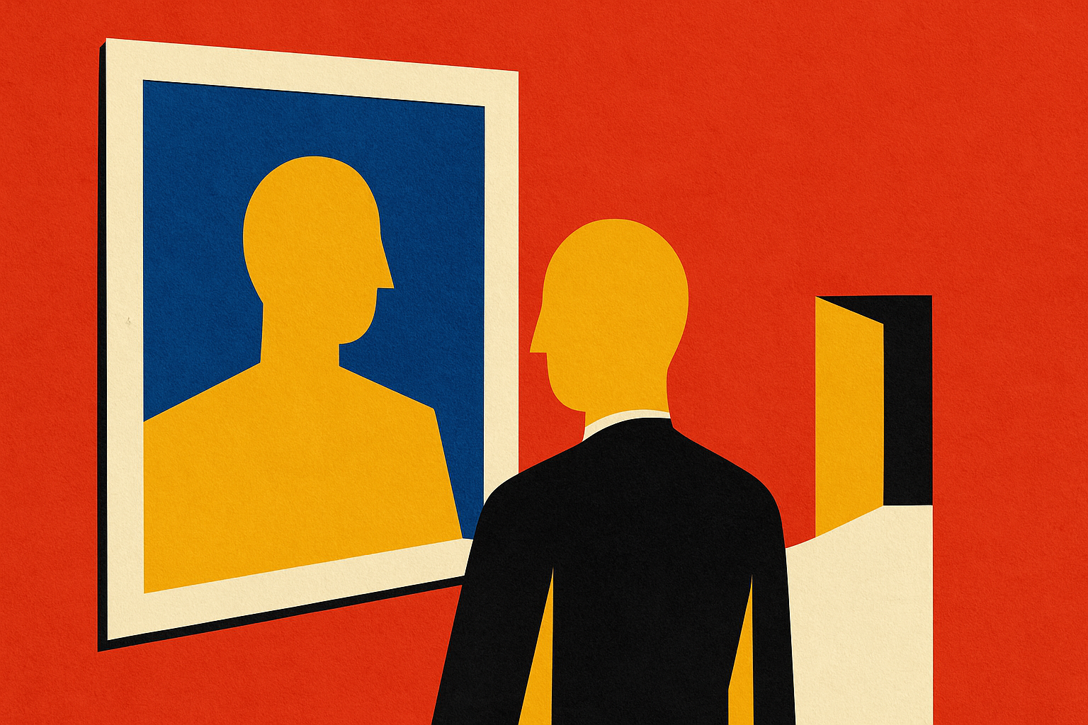 Editorial paper-collage illustration: a cobalt-blue cut-paper mirror reflects an ochre cubist self-portrait of the company itself, while a chrome-yellow open doorway on the right shows a customer leaving because they couldn't see themselves on the page. Visual metaphor for NarcScore inversion on B2B homepages.