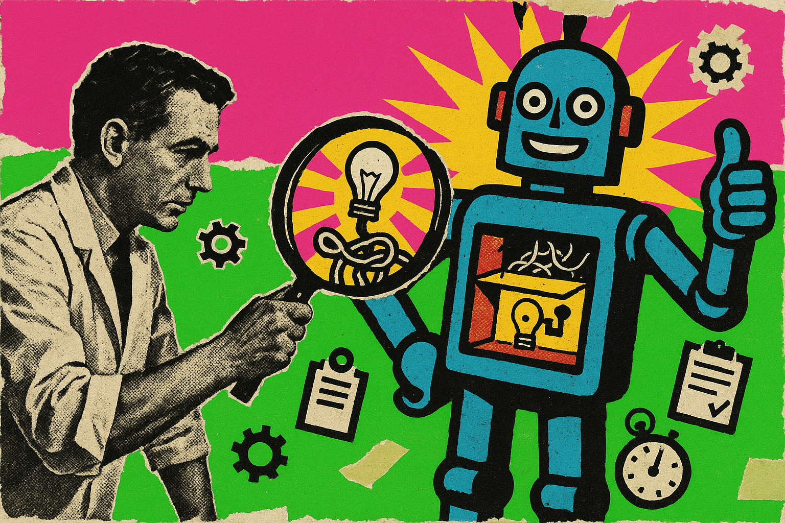 Pop art propaganda collage of an inspector holding a magnifying glass over a shiny robot whose chest opens to reveal a cardboard box of tangled wire