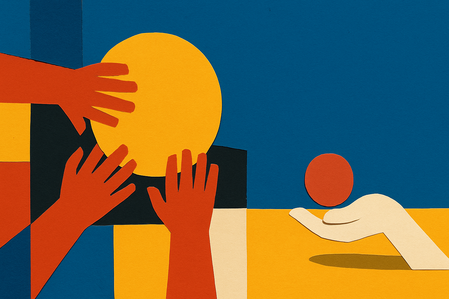 Paper-collage hero illustration: five identical vermilion paper hands reach in from every edge to hold one large chrome-yellow disc, while below, a single bone-white hand cups a smaller terra cotta disc alone