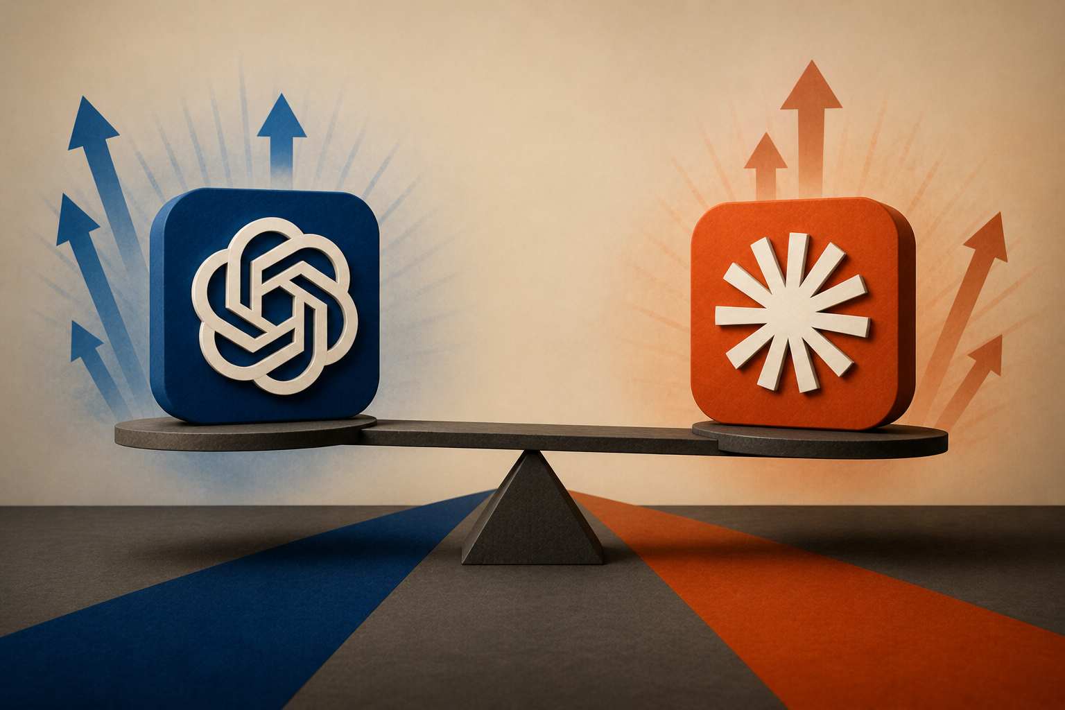 Editorial collage: two abstract cubist emblems facing each other — warm vermilion tones on the left, cool cobalt on the right — with a spark-line arcing between them
