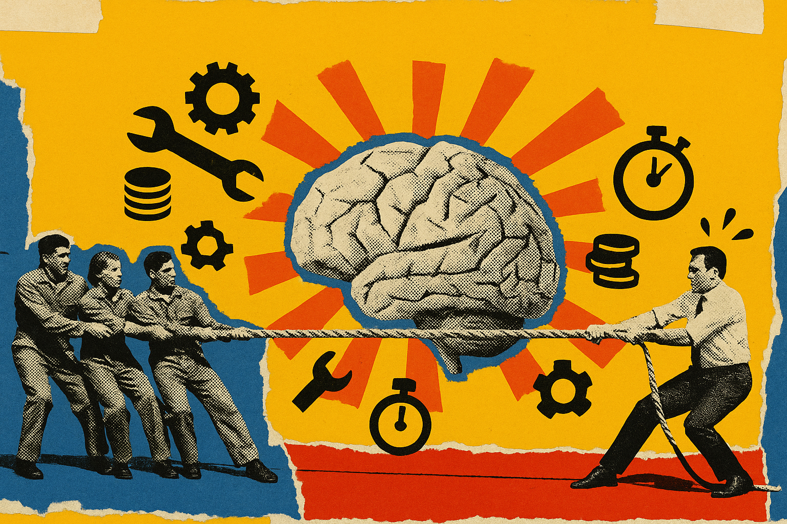 Pop art propaganda collage of a tug-of-war between a factory crew and a single worker over a paper brain