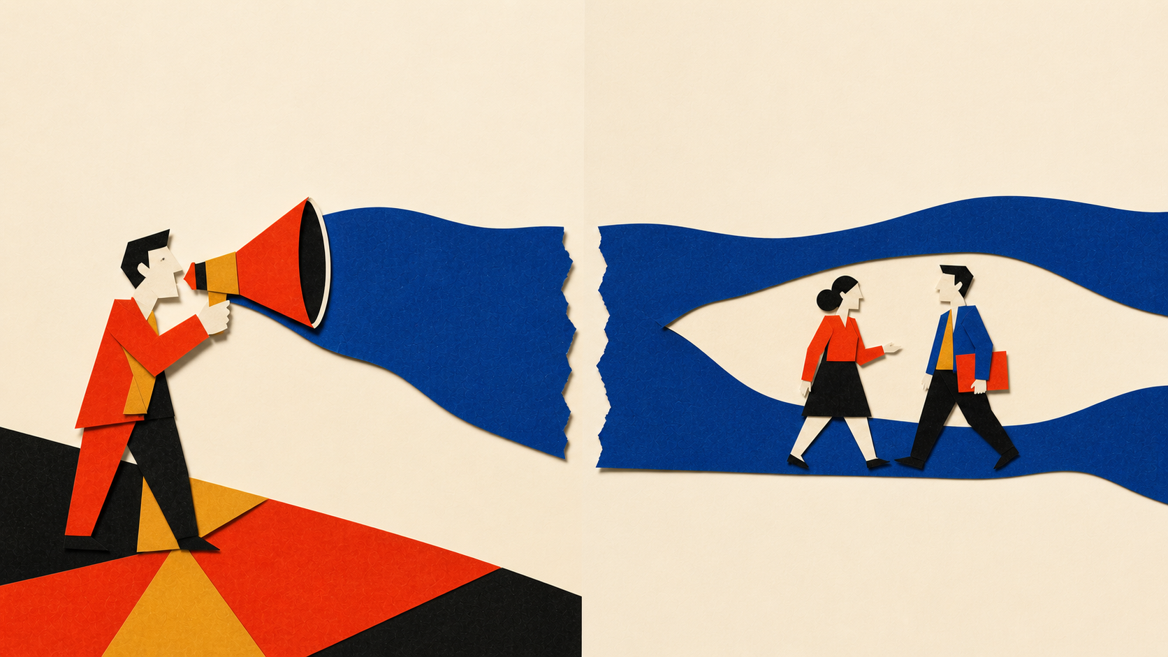 Editorial collage: a cobalt story-ribbon split in two halves ... marketing broadcasting at it on the left, sales figures walking inside it together on the right