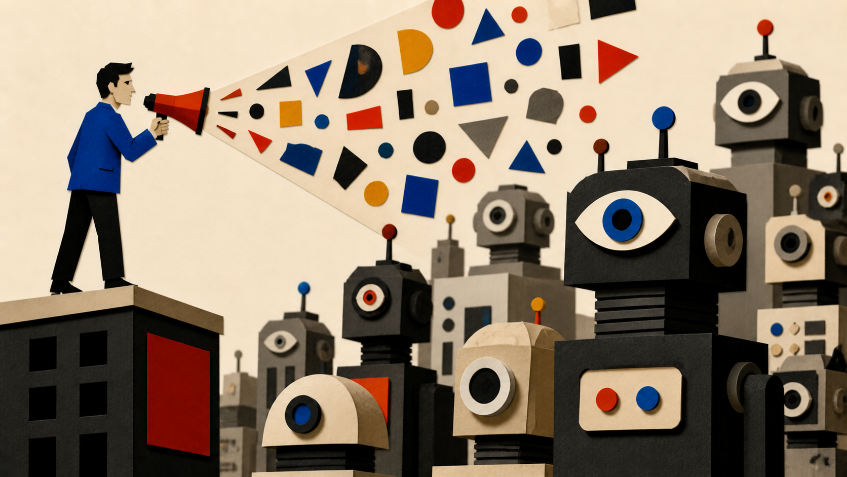 Editorial collage: a blank white billboard in a flat field surrounded by multiple floating geometric cubist eye-shapes scanning it from every angle