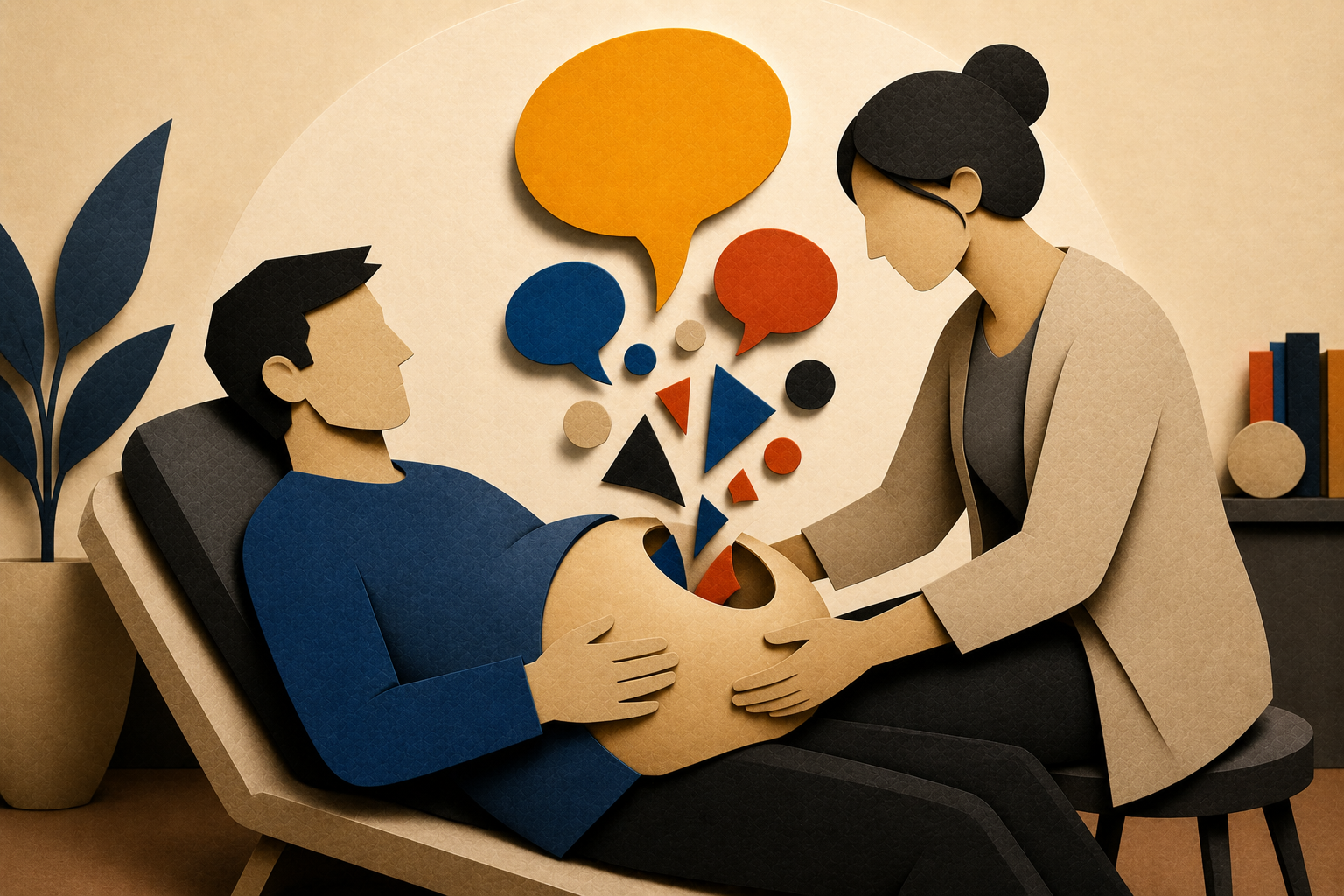 Editorial collage: a seated figure in cool cobalt tones with hands cupped, cradling a small luminous cubist shape in vermilion and yellow — cradling a message into existence