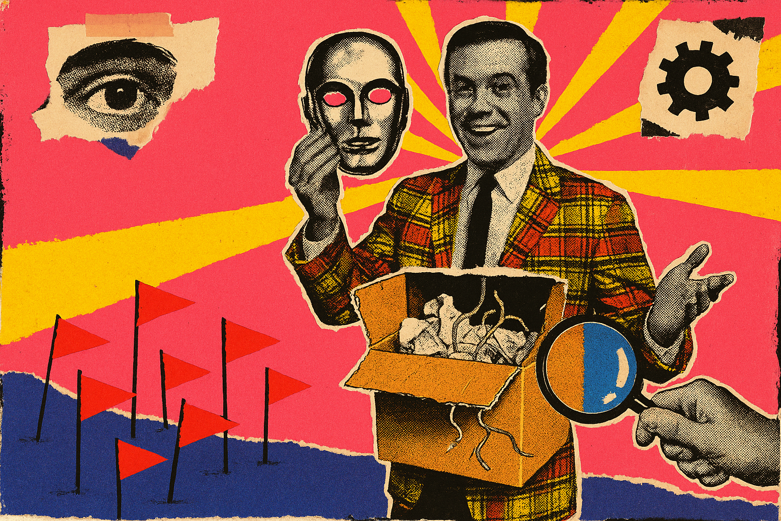 Pop art propaganda collage of a grinning salesman holding a chrome robot mask over his face while his torso is revealed as a cardboard box stuffed with torn paper, red pennant flags planted around him