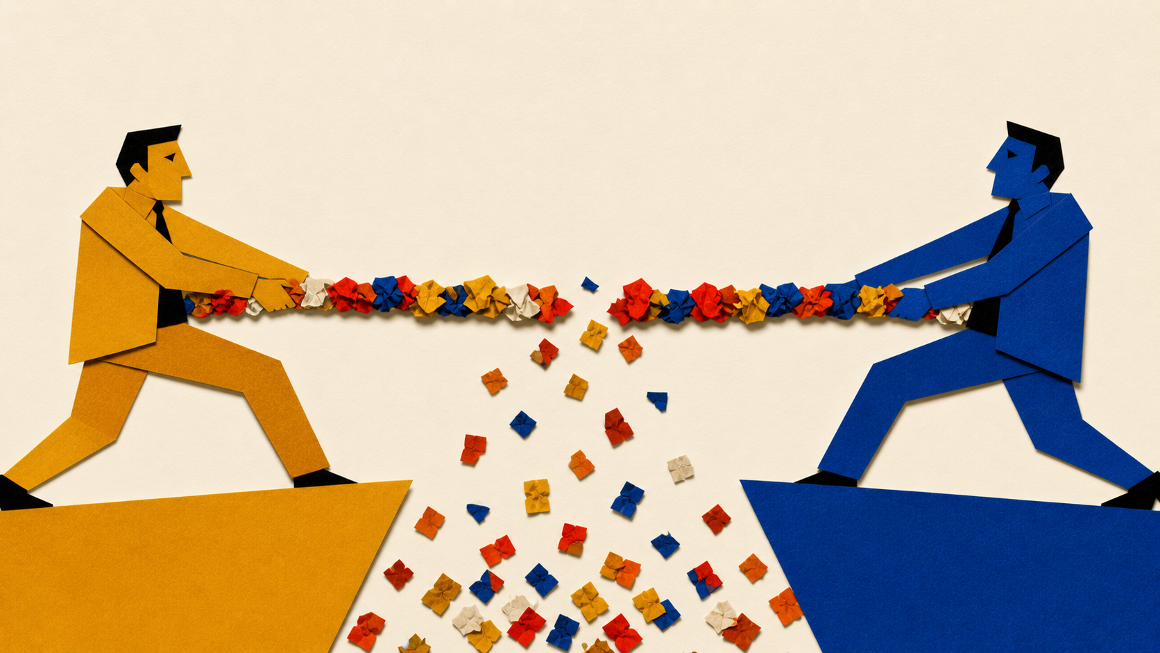 Editorial collage: two cut-paper figures in tug-of-war, a rope of colorful lead-shaped paper pieces stretching and falling between them