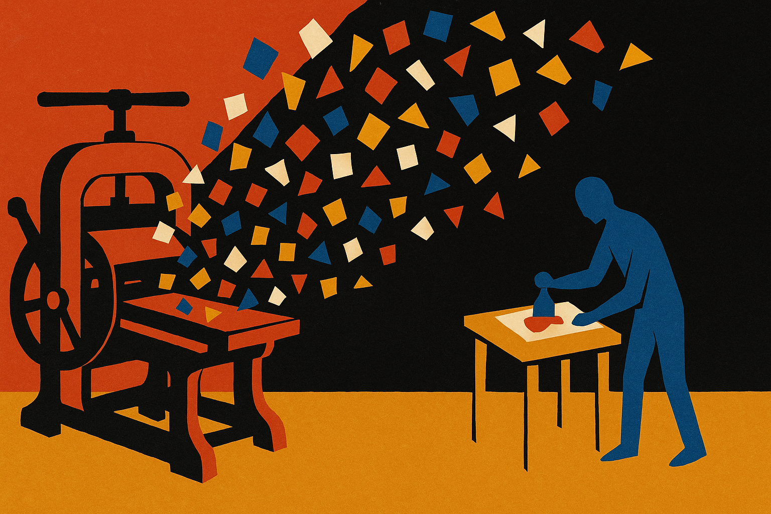 Editorial paper-collage illustration: a vintage printing press fragmenting into geometric cubist confetti shapes drifting outward, while a single cobalt-blue figure works calmly at a small workbench creating one distinctive shape by hand. Visual contrast between industrial mass production dissolving and singular handmade voice persisting.