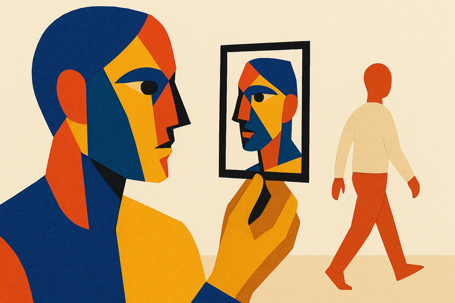 Editorial paper-collage illustration. A single cubist self-portrait in hand-cut paper collage, faceted in vermilion red, cobalt blue, chrome yellow, and ochre, gazes intently into a small flat geometric mirror it holds in its own paper hand. The mirror reflects the portrait's face back at itself in a tighter, more ob