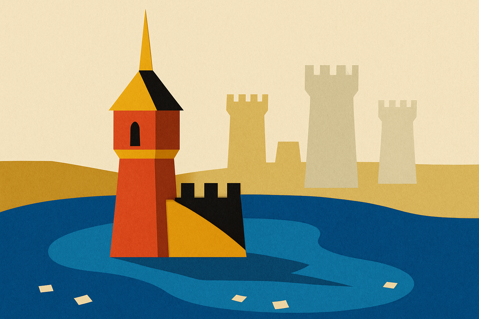 Editorial paper-collage illustration: a medieval cobalt-blue moat surrounds a single sharply distinctive vermilion-and-ochre tower with a chrome-yellow spire, while interchangeable faded ochre tower silhouettes stand identically in the middle distance. Visual metaphor for strategic positioning as the only defensible moat against AI-generated sameness.