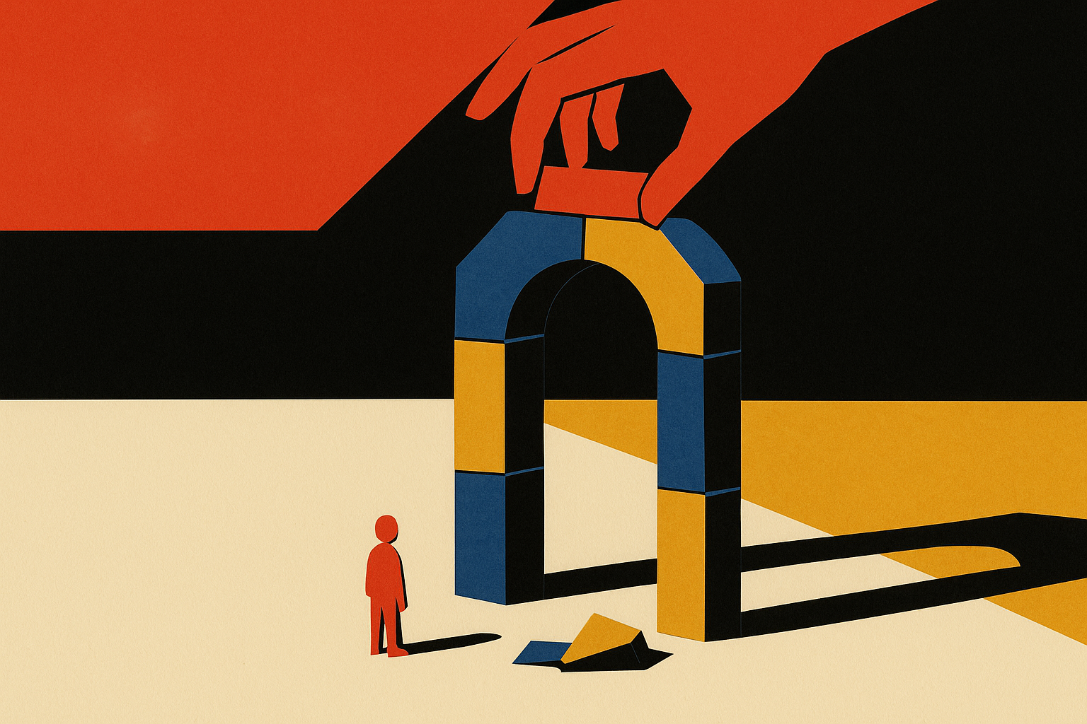 A cut-paper hand sets the final block on a finished archway while a small figure stands on the near side, not yet through it.
