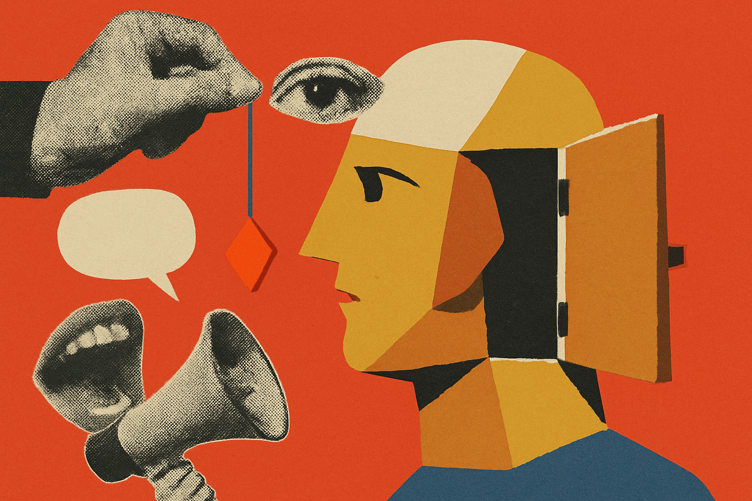 Editorial paper-collage hero illustration: a cubist profile head opened on a hinge, a single luminous vermilion shape drawn out on a cobalt thread