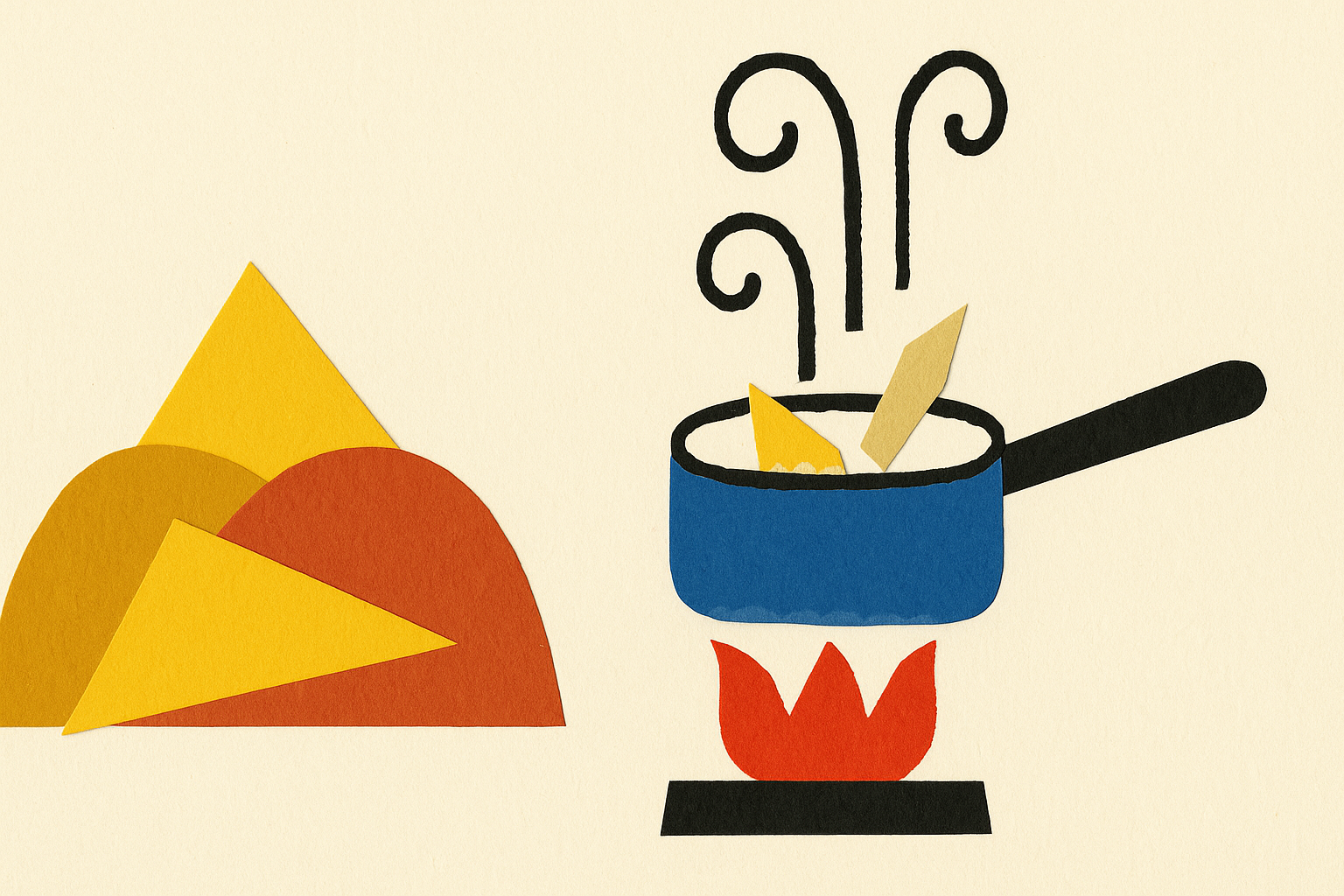 A paper-collage pot on a small flame with only two torn paper ingredients inside it, while a much larger pile of uncut ingredients waits outside the frame's edge.