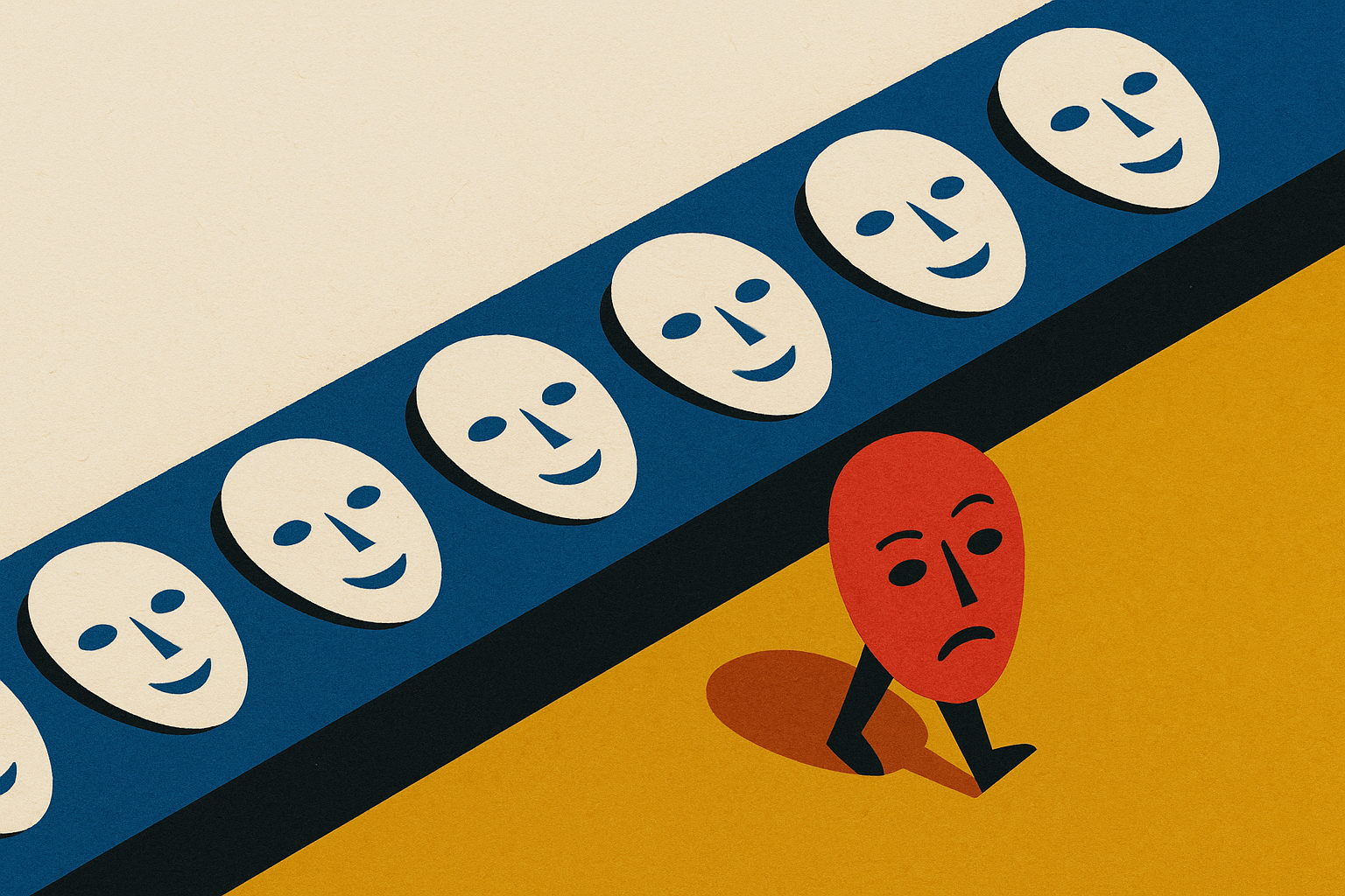 Paper collage of a row of identical grey paper masks on a conveyor belt, with one vermilion face stepping off the line