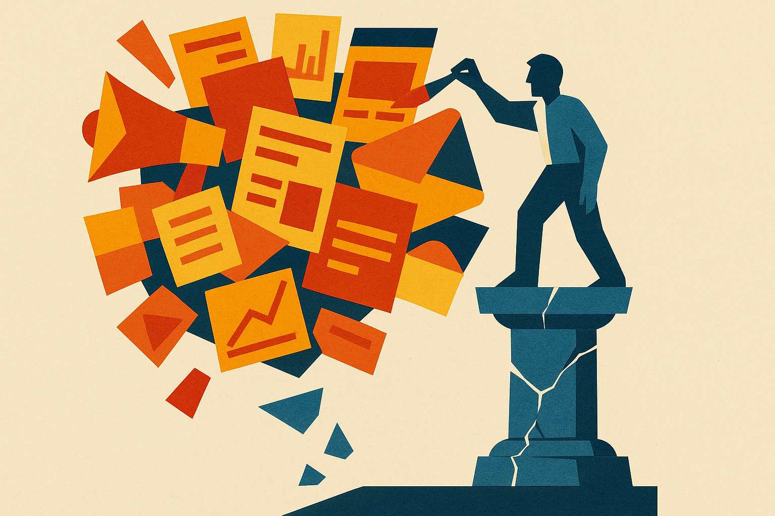 Paper-collage illustration of a B2B founder confronting messaging that converts inbound interest into not-now responses
