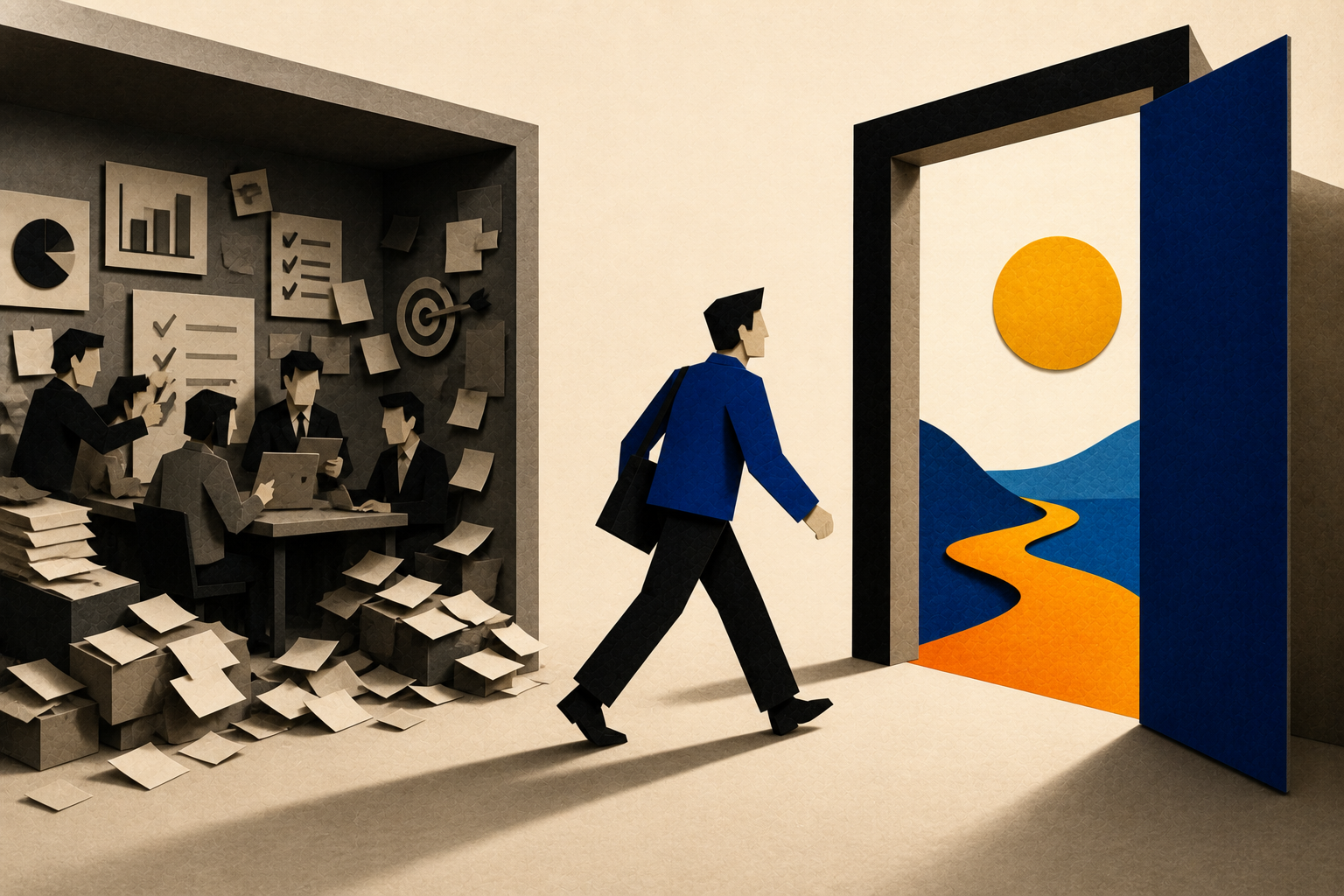 Editorial collage: an open book with a vibrant cubist story-ribbon rising from its pages, empty office chairs abandoned on either side