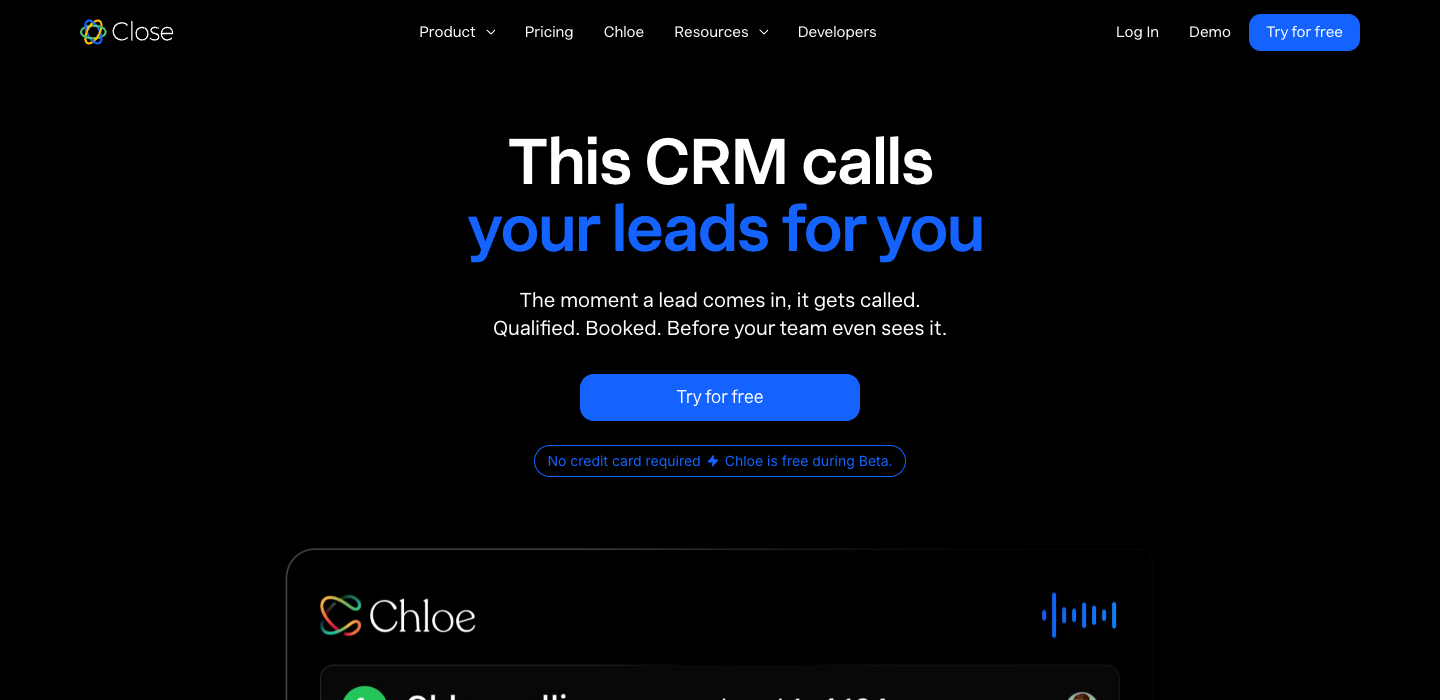 Close CRM homepage
