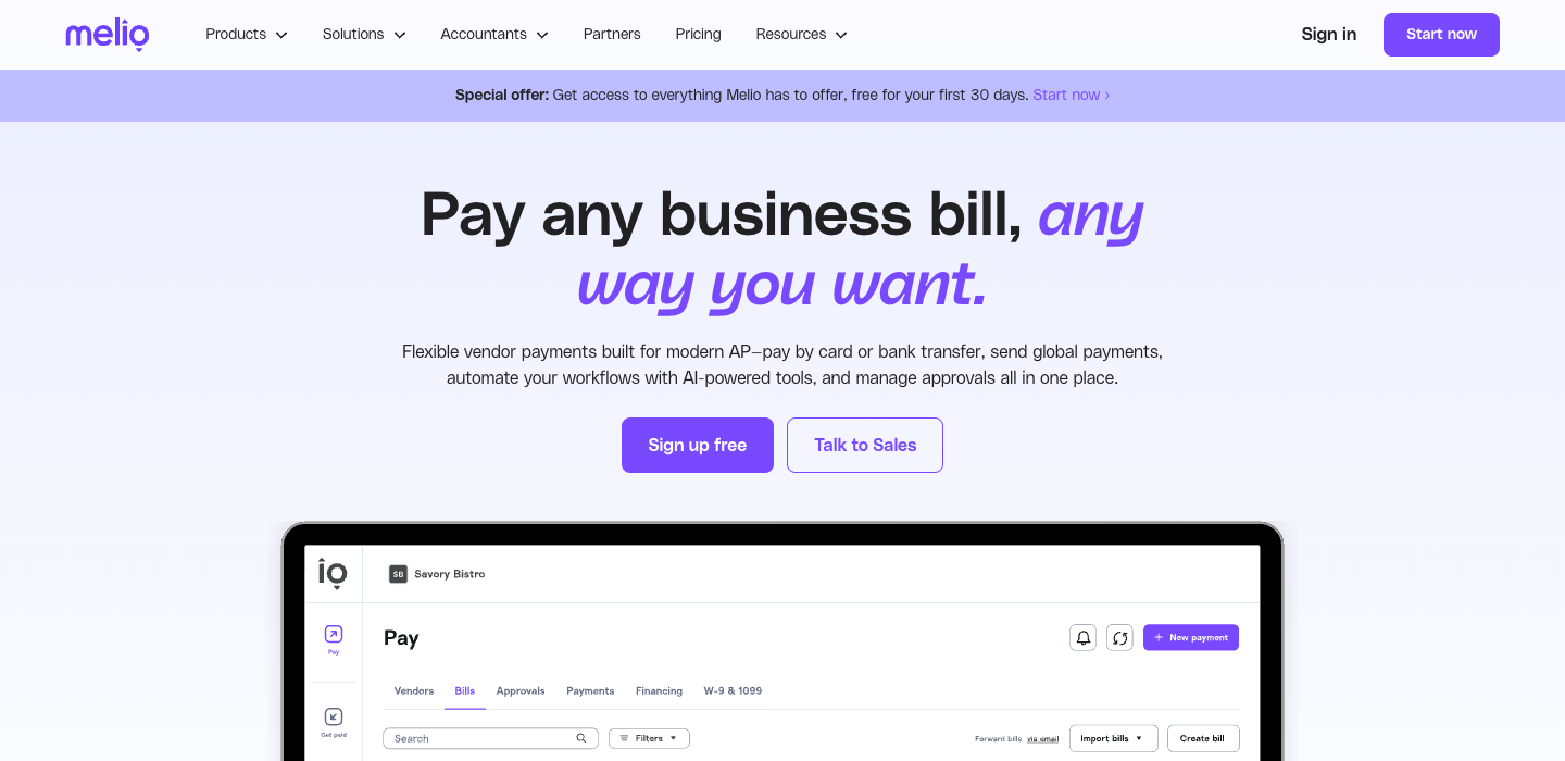 Melio homepage