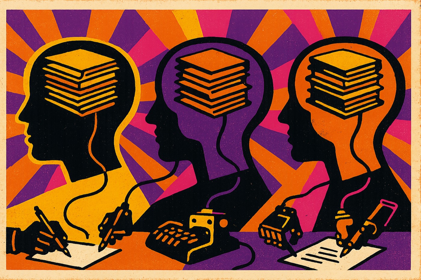 Pop art of three head silhouettes, each with a stack of pages for a brain, wired to robot hands that write and type.