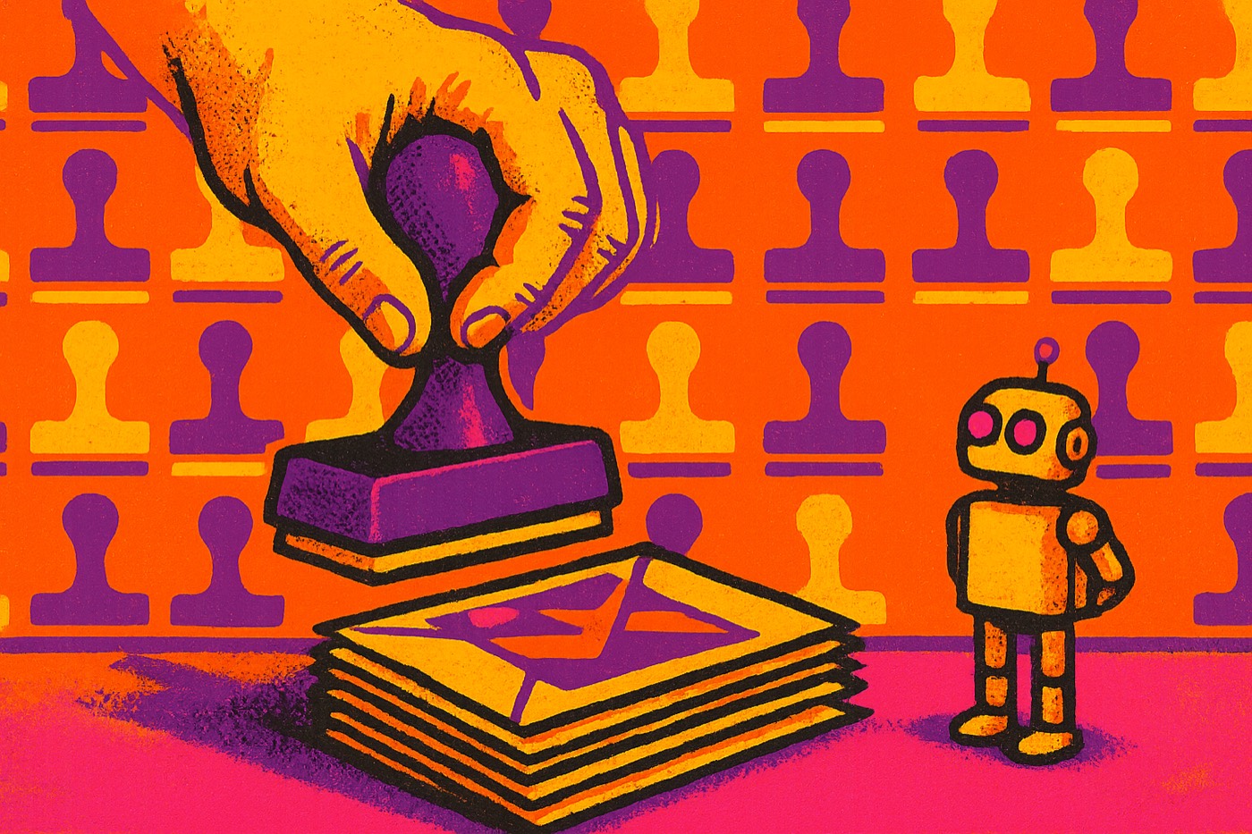 Pop art of a giant human hand holding a rubber stamp over a stack of envelopes while a small robot waits.